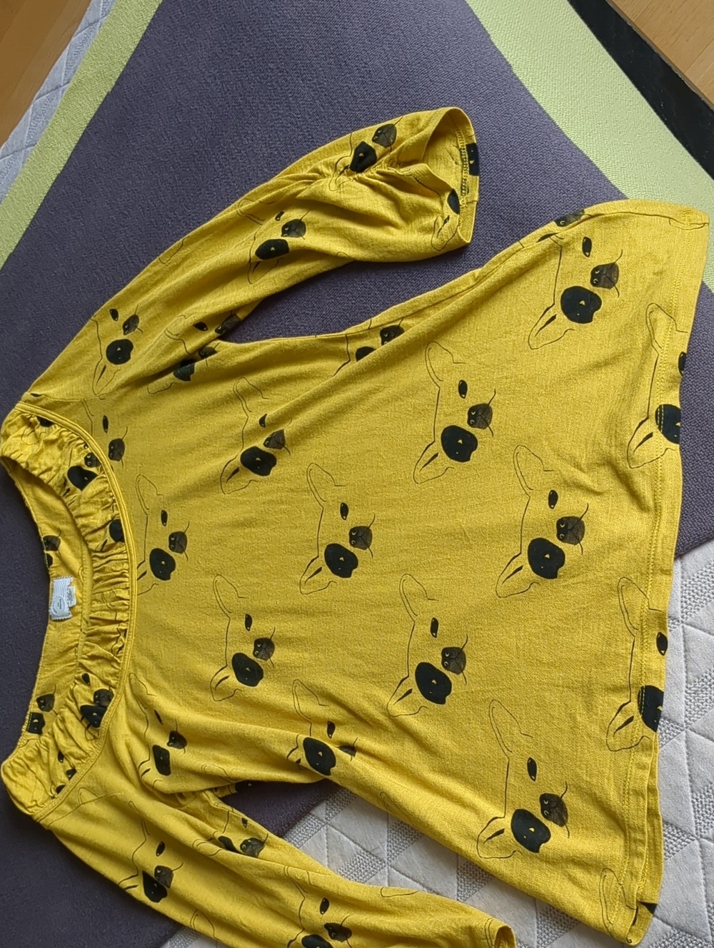 Postmark French Bulldog Print Knitted Top sz M mustard yellow